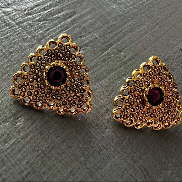 Vintage Gold Tone Purple Gemstone Earrings - Picture 2 of 5